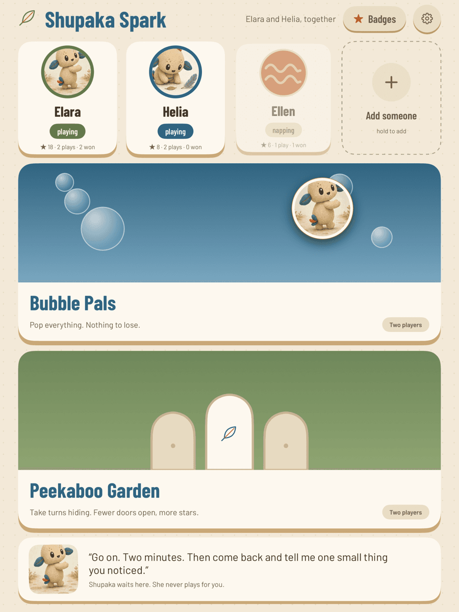 Shupaka Spark on iPad, showing player profiles, Bubble Pals, and Peekaboo Garden