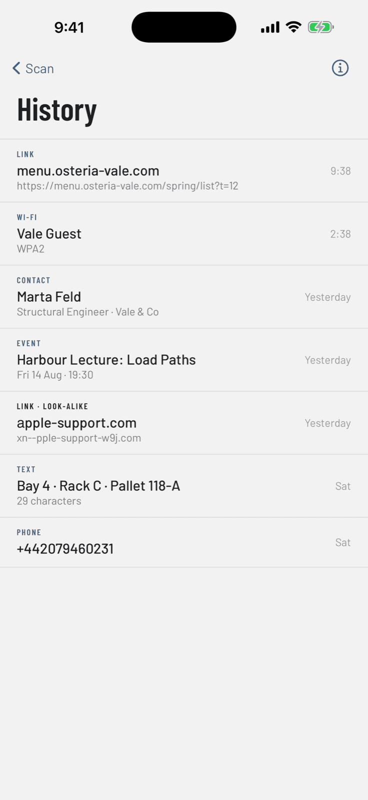 The app's local history showing previously scanned links, Wi-Fi, contacts, and events