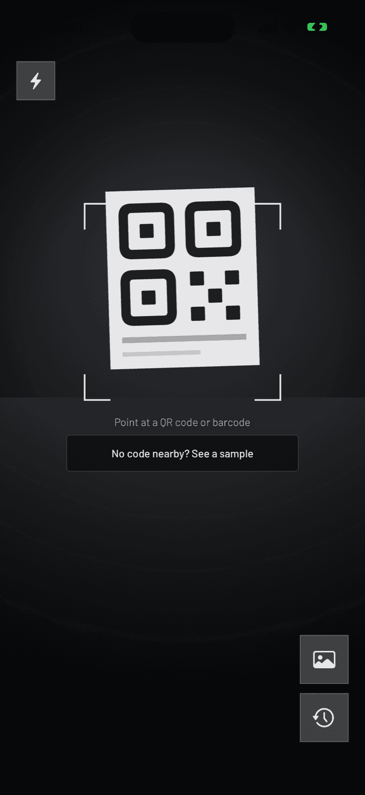 QR Scanner 259's scanning screen, with camera guides and shortcuts to photos and history